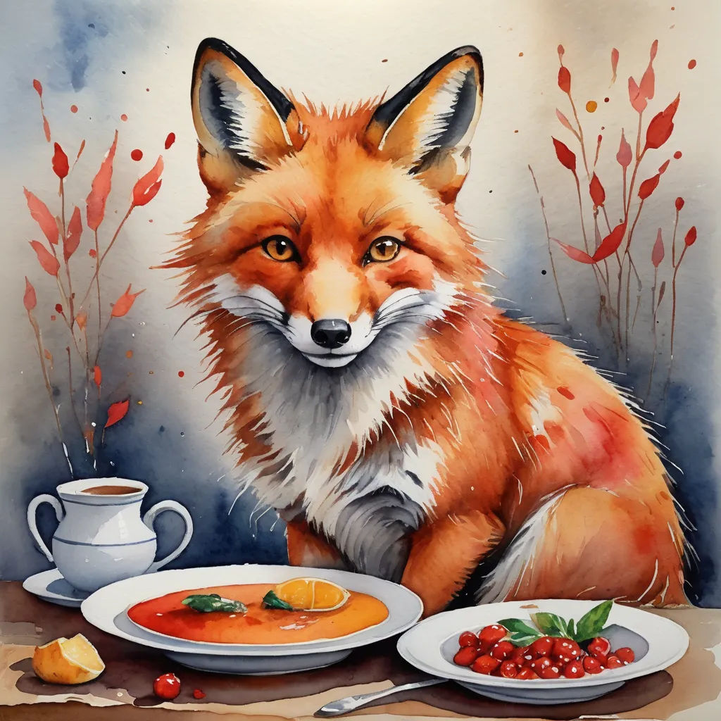 a painting of a fox sitting next to a plate of food and a cup of coffee on a table, furry art, a watercolor painting, ESAO, trending on art station
