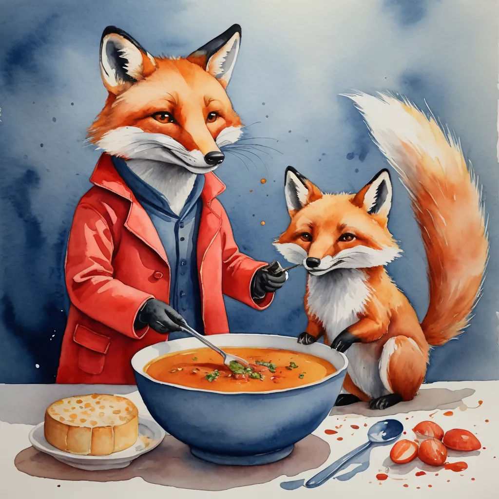 a painting of a fox and a fox cub eating soup from a bowl with a spoon and spoon in it, pop surrealism, a storybook illustration, Aaron Jasinski, storybook illustration