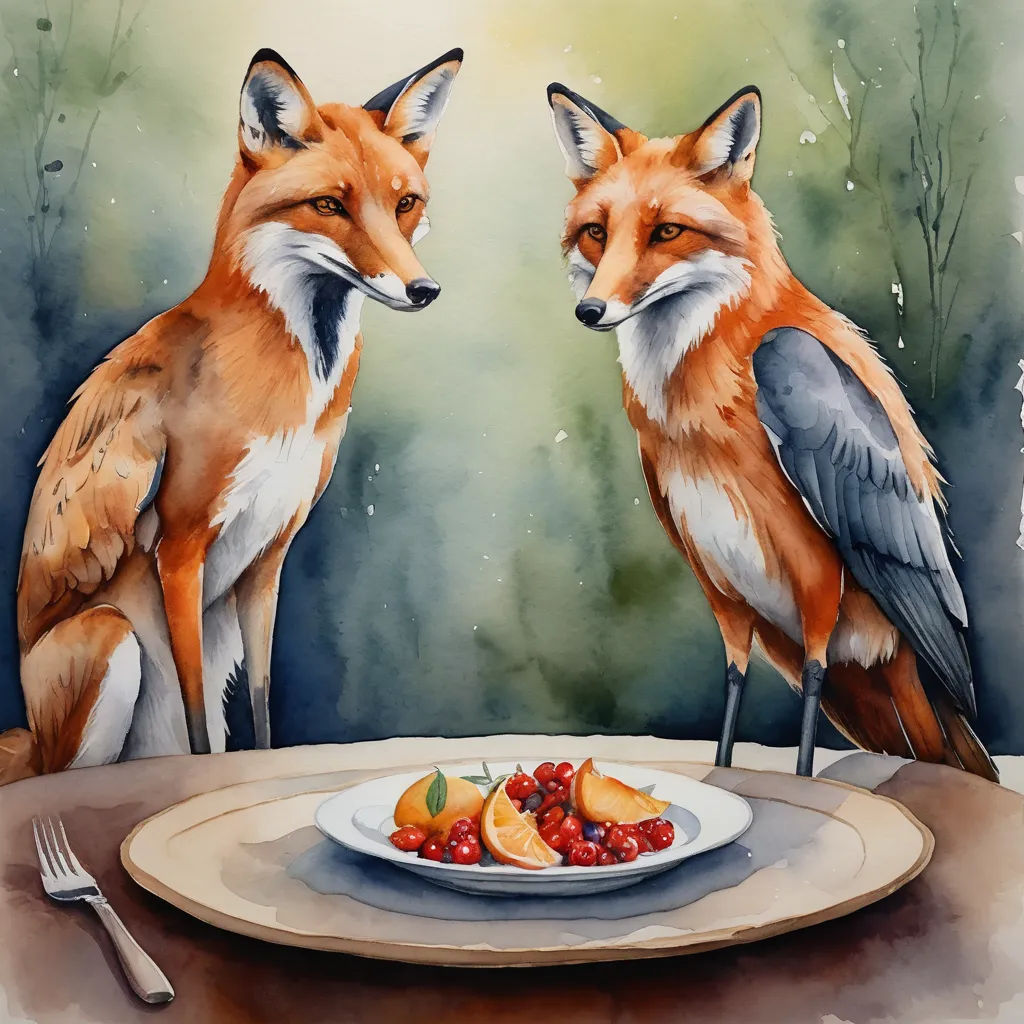 a painting of two foxes sitting on a table with a plate of fruit and a fork and knife in front of them, figurative art, a watercolor painting, Fiona Stephenson, in gouache detailed paintings