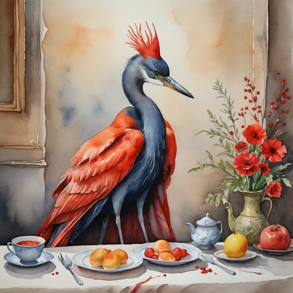 a painting of a bird sitting on a table with a plate of fruit and a vase of flowers in front of it, figurative art, a watercolor painting, Alison Watt, in gouache detailed paintings