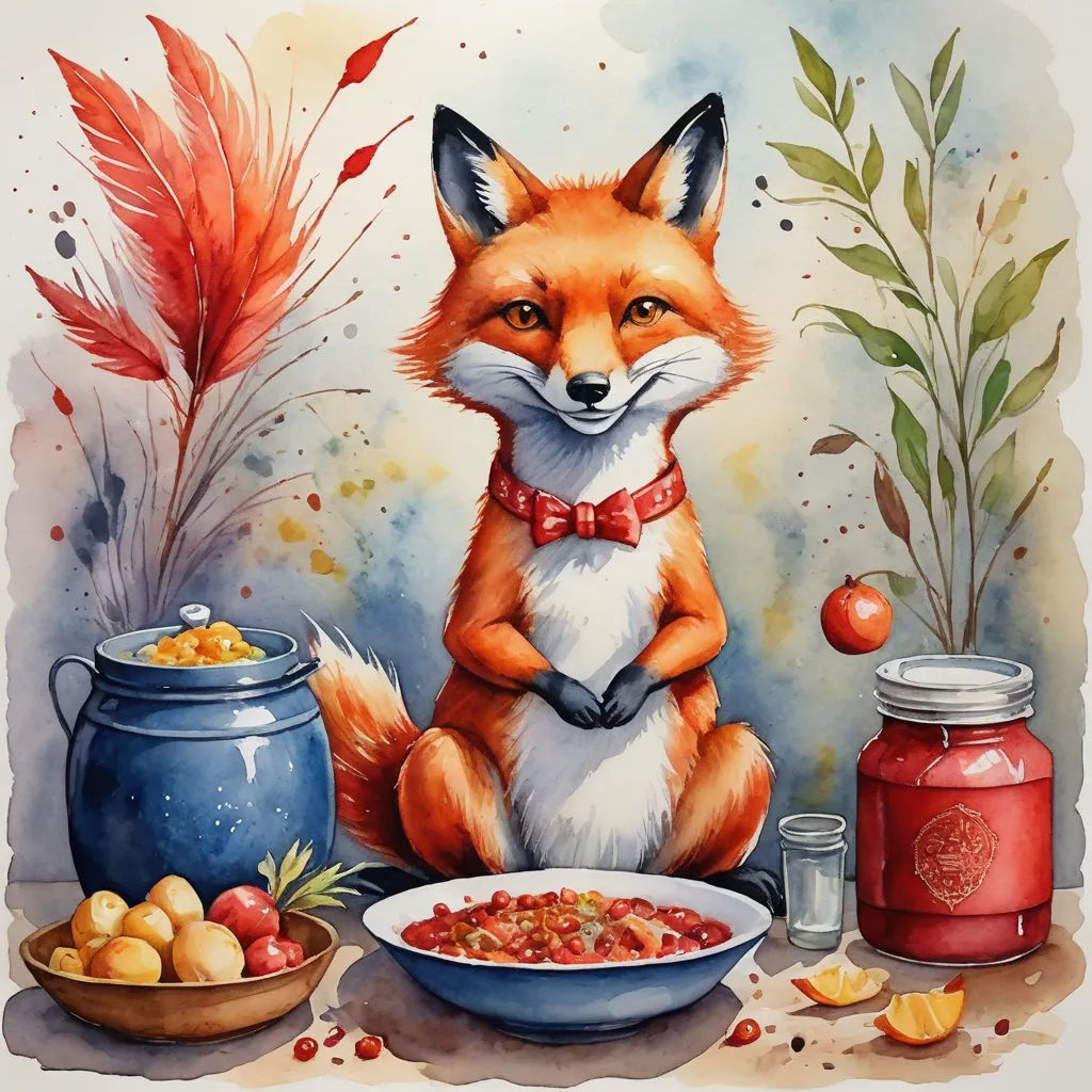 a painting of a fox sitting next to a bowl of food and a jar of fruit and vegetables on a table, fantasy art, a watercolor painting, Esao Andrews, in gouache detailed paintings