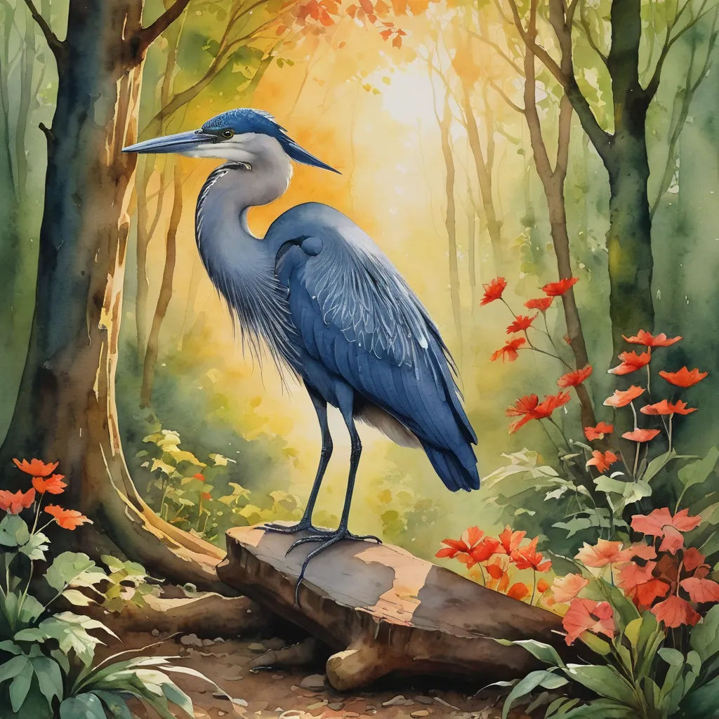 a painting of a blue heron standing on a log in a forest with red flowers and trees in the background, american scene painting, a watercolor painting, Carol Sutton, highly detailed digital painting