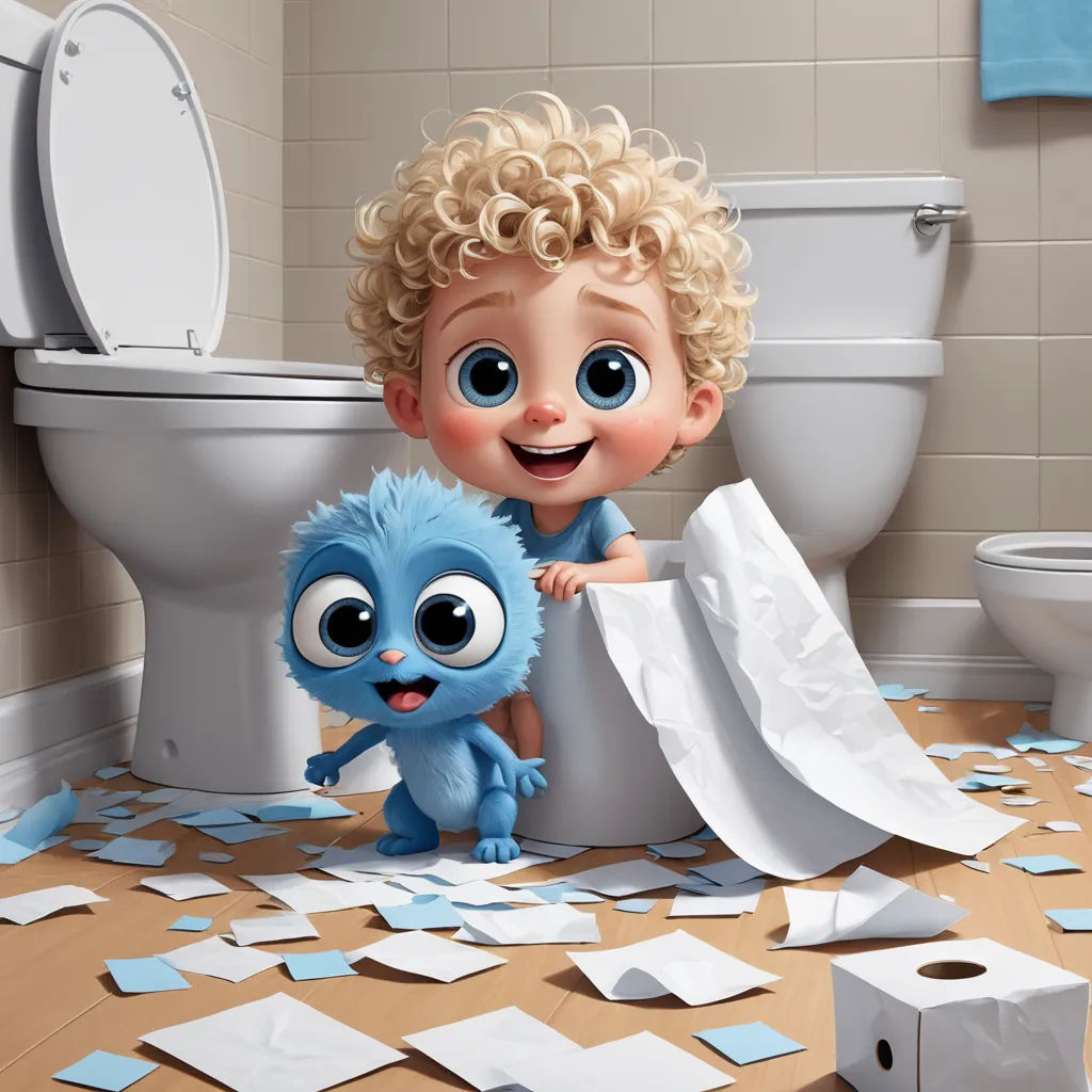 a cartoon character is standing next to a toilet with a blue monster on it and a pile of toilet paper, sots art, poster art, Chris LaBrooy, pixar and disney animation