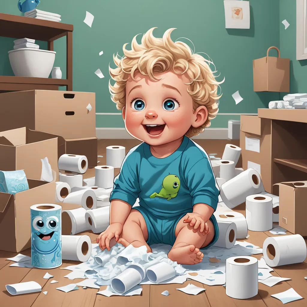 a baby sitting on the floor surrounded by toilet paper and a bunch of toilet paper rolls in a room, sots art, a storybook illustration, Cyril Rolando, highly detailed digital painting