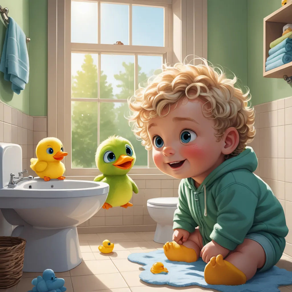 a child playing with a rubber duck in a bathroom with a sink and toilet and a window behind it, photorealism, a photorealistic painting, Diego Gisbert Llorens, highly detailed digital painting