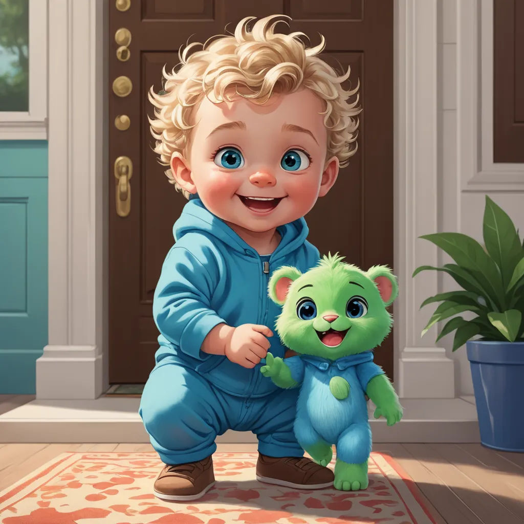 a cartoon of a baby holding a teddy bear in front of a door with a potted plant in the background, photorealism, a storybook illustration, Chris LaBrooy, professional digital painting