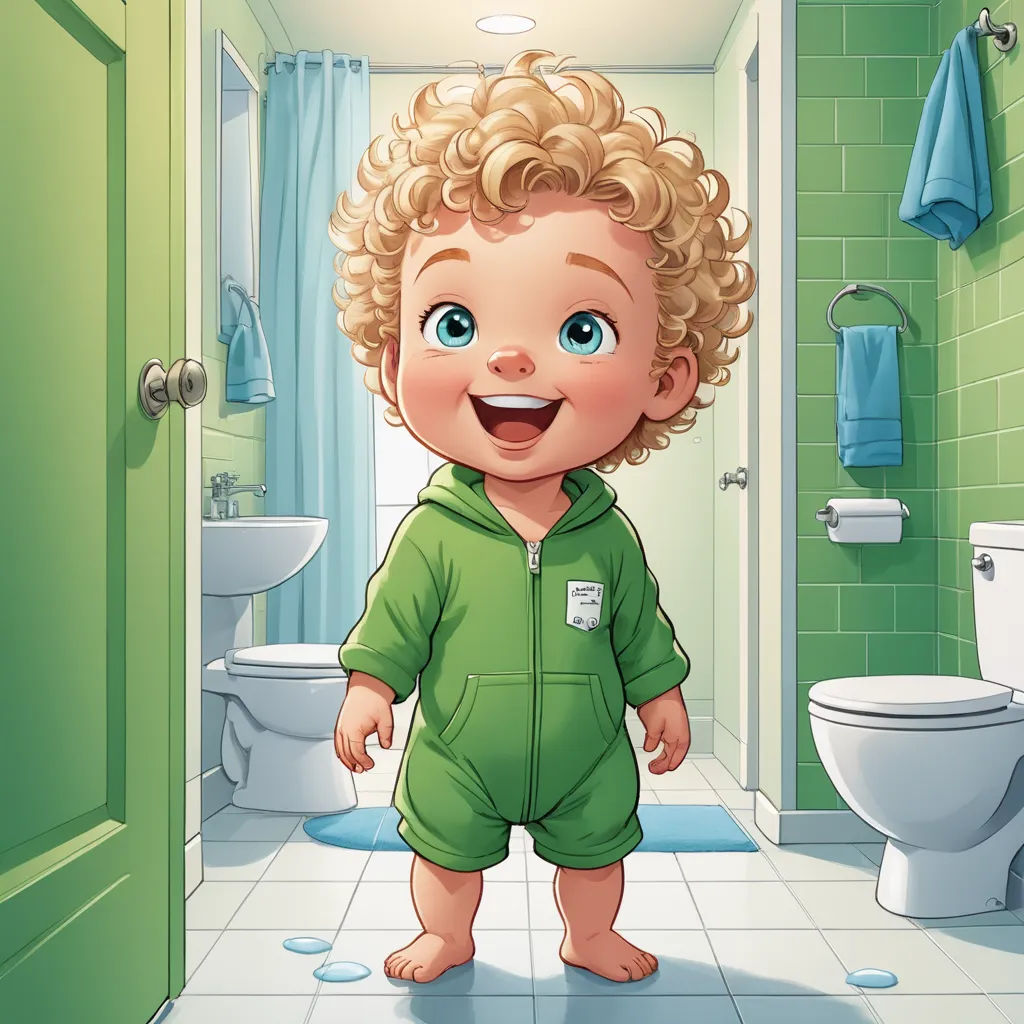 a cartoon boy in a green onesuit standing in a bathroom with a toilet and a green tiled wall, photorealism, a storybook illustration, Everett Raymond Kinstler, professional digital painting