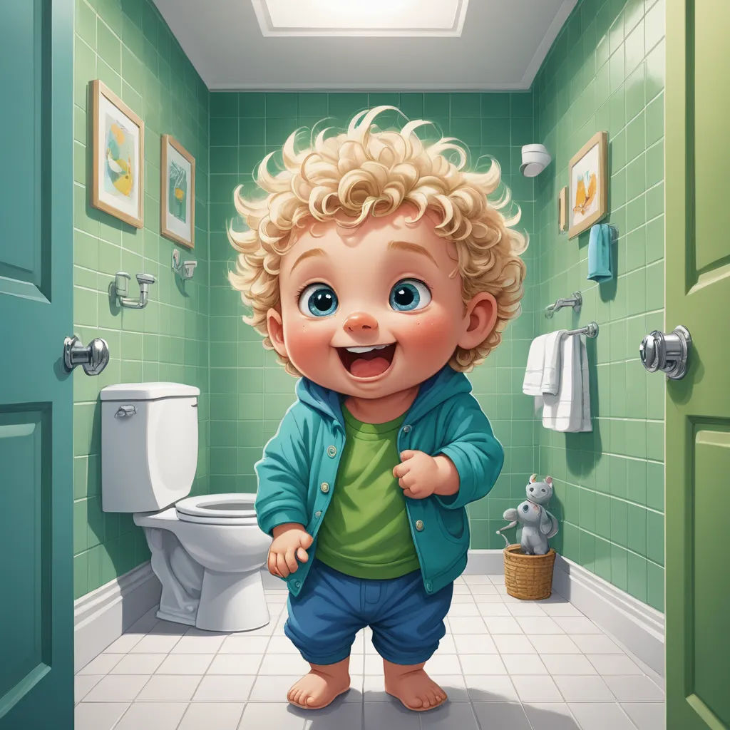 a cartoon of a little boy standing in a bathroom with a green tile wall and a green door and a green tiled floor, photorealism, a storybook illustration, Chris LaBrooy, highly detailed digital painting