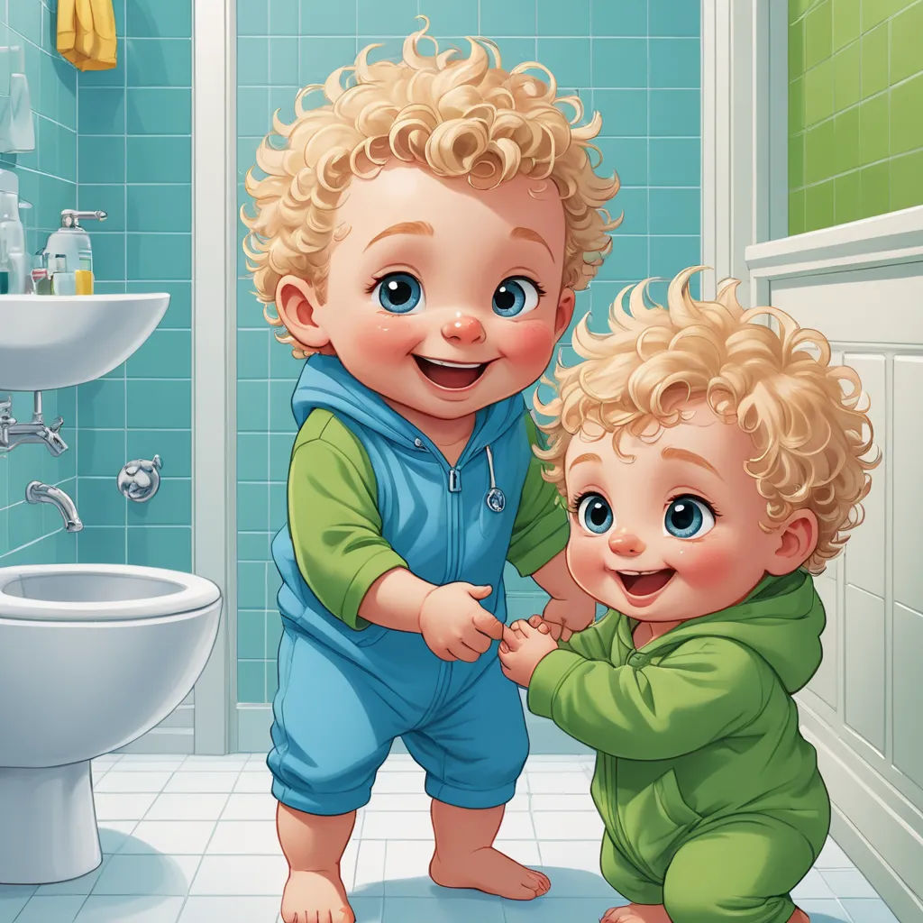a baby and a toddler standing in a bathroom together, both smiling and touching hands together, with a blue tiled wall behind them, photorealism, a storybook illustration, Brothers Hildebrandt, highly detailed digital painting