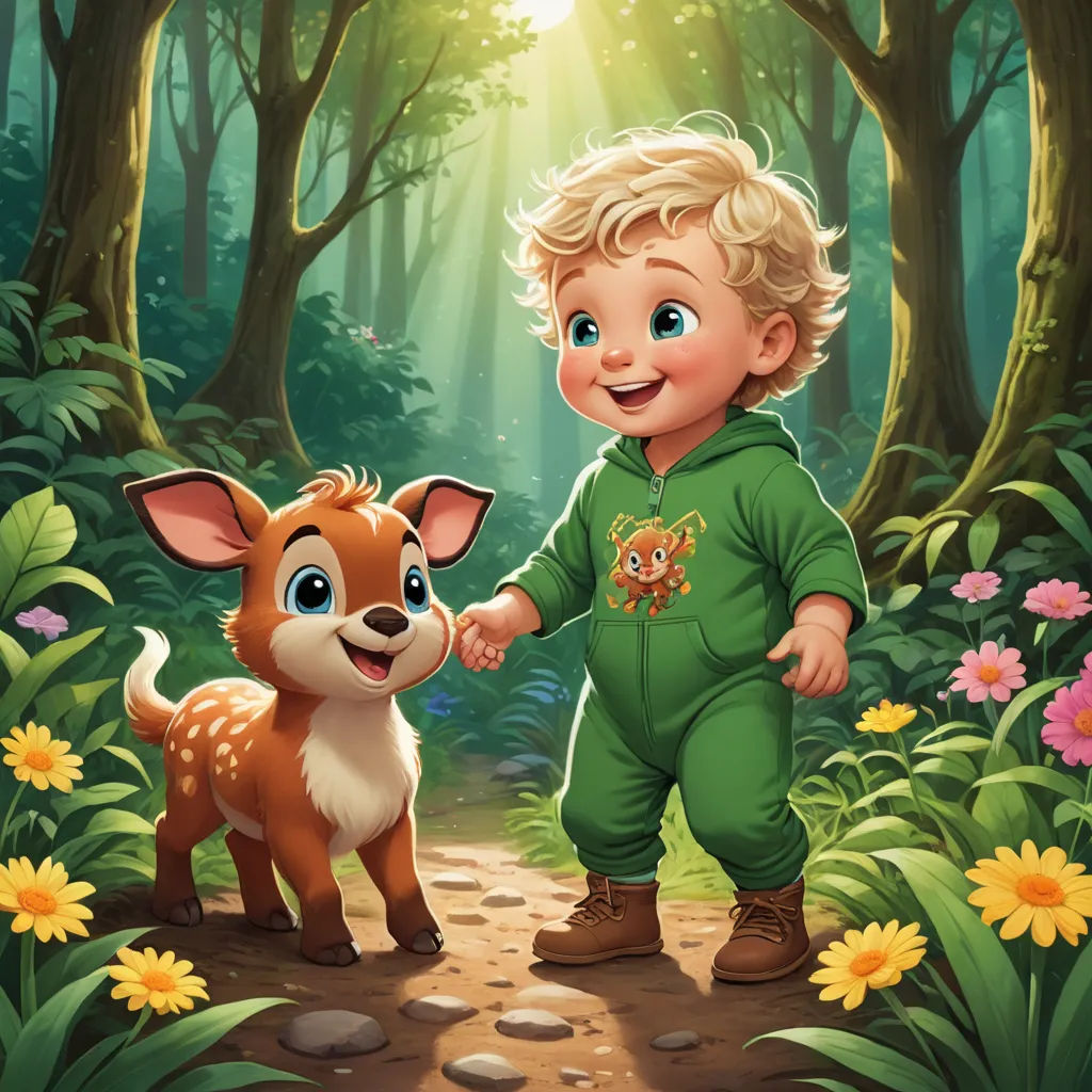 a little boy in a green outfit is holding a deer's hand in a forest with flowers and trees, sots art, a storybook illustration, Asher Brown Durand, storybook illustration