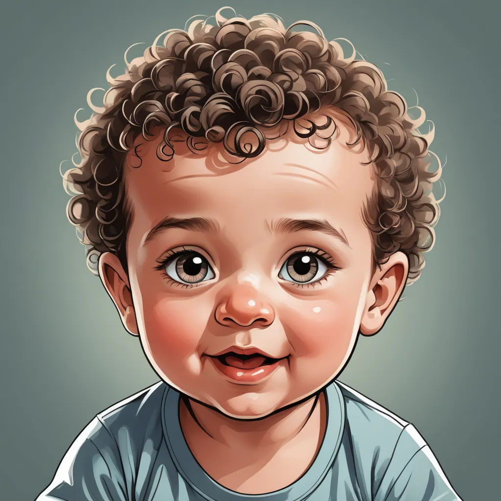 a digital painting of a baby boy with curly hair smiling at the camera with a blue shirt on and a gray background, photorealism, a character portrait, Cyril Rolando, highly detailed digital painting