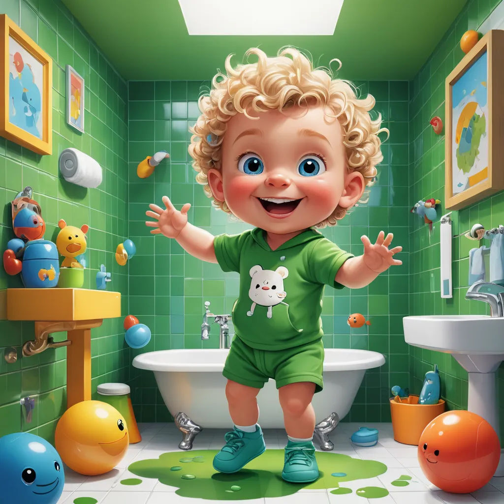 a cartoon baby standing in a bathroom with toys around him and a green tiled wall behind him and a white toilet and sink, photorealism, a photorealistic painting, Diego Gisbert Llorens, highly detailed digital painting