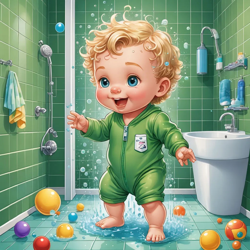 a baby in a green onesuit playing in a bathroom with bubbles and a toilet paper roll in the background, lyco art, a storybook illustration, Diego Gisbert Llorens, highly detailed digital painting