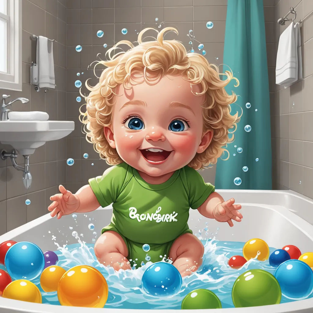 a baby in a bathtub with bubbles and balls in it's mouth and a blue shower curtain, photorealism, a storybook illustration, Diego Gisbert Llorens, highly detailed digital painting