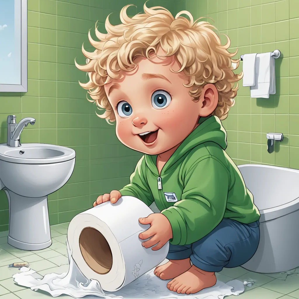 a little boy is playing with a roll of toilet paper in a bathroom with a green tile wall and a white toilet, lyco art, a storybook illustration, Diego Gisbert Llorens, highly detailed digital painting