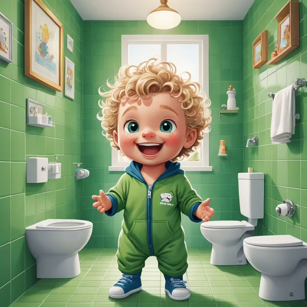 a cartoon boy standing in a bathroom with a green tiled wall and floor, with a green tiled wall and floor, and a green tiled floor, with a white toilet and green tiled wall and, photorealism, a storybook illustration, Diego Gisbert Llorens, highly detailed digital painting