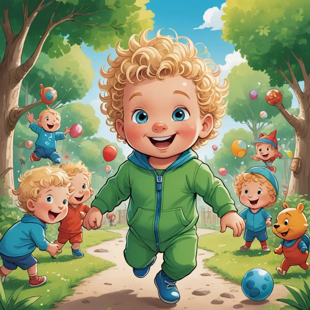 a cartoon of a boy in a green suit running with other children in a park with trees and balls, lyco art, a storybook illustration, Andrey Esionov, storybook illustration