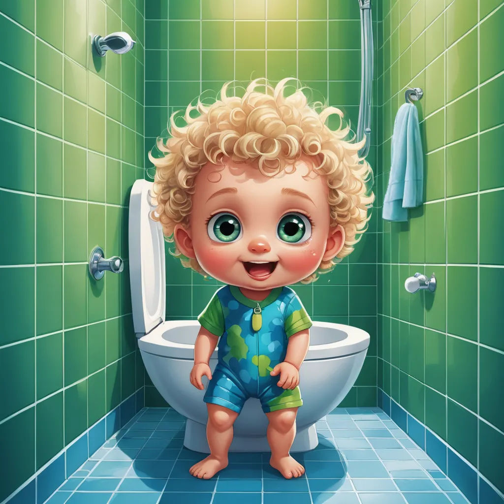 a cartoon boy standing in front of a toilet in a bathroom with green tiles on the walls and a green tiled floor, photorealism, a digital painting, Diego Gisbert Llorens, highly detailed digital painting