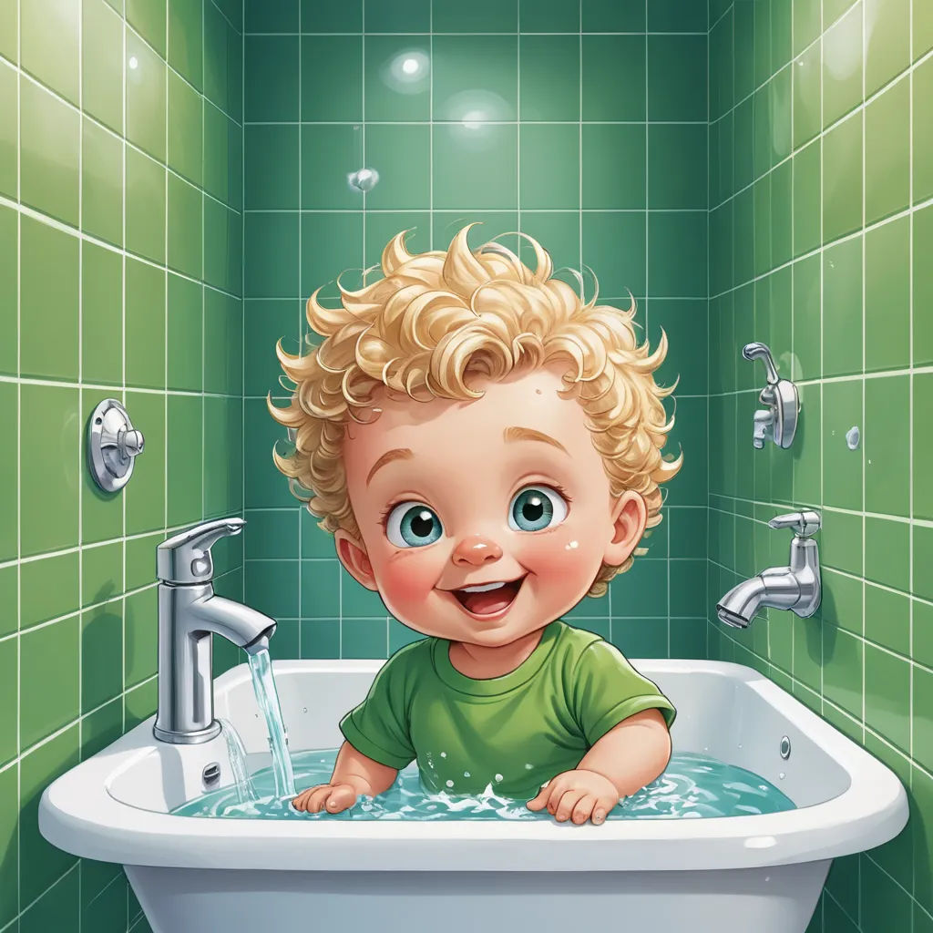 a little boy is sitting in a bathtub with a green tile wall behind him and a green tiled wall behind him, photorealism, a storybook illustration, Diego Gisbert Llorens, highly detailed digital painting