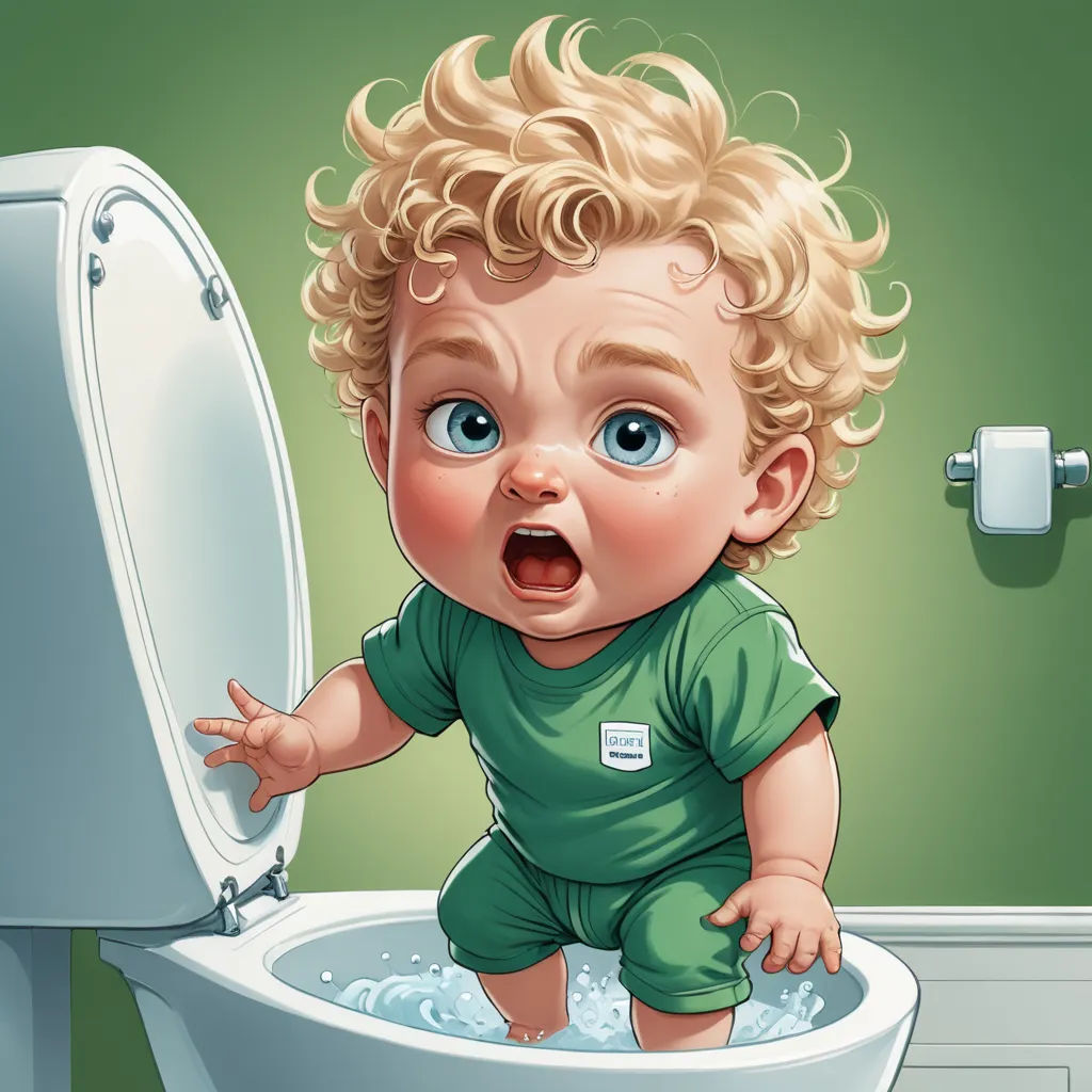 a baby sitting on a toilet with his mouth open and his hands in the water coming out of the toilet, photorealism, a storybook illustration, Diego Gisbert Llorens, highly detailed digital painting