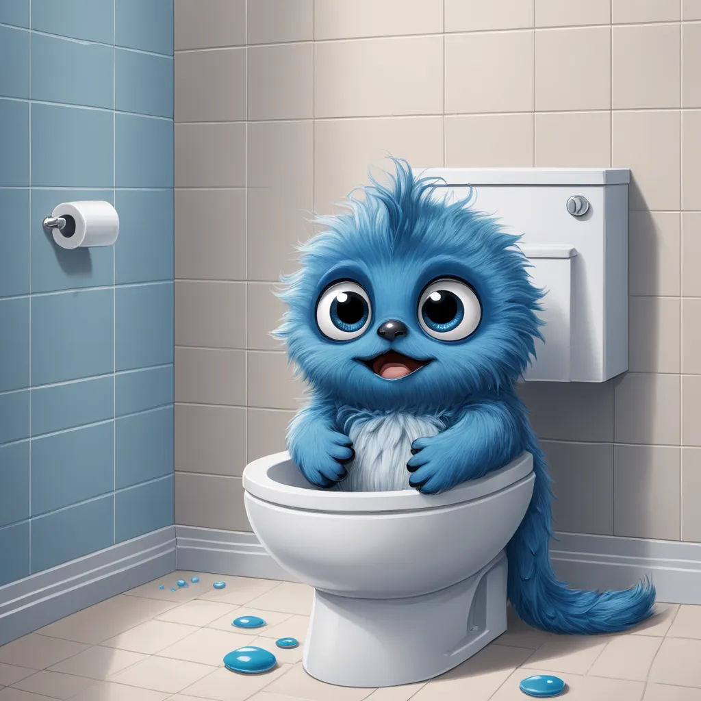 a blue furry animal sitting on top of a toilet bowl in a bathroom stall with blue tiles on the walls, sots art, a storybook illustration, Chris LaBrooy, professional digital painting