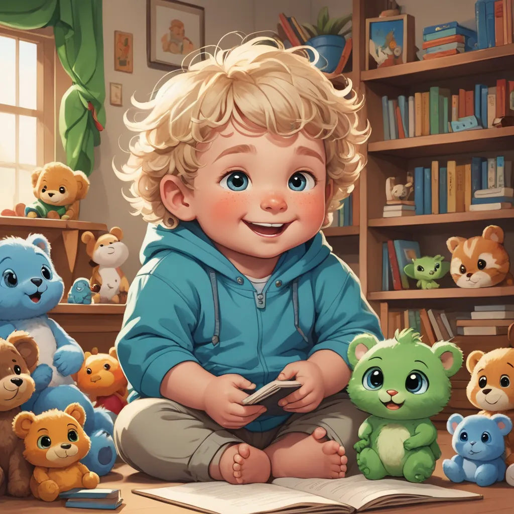 a little boy sitting on the floor surrounded by stuffed animals and bookshelves with a book open to his chest, sots art, a storybook illustration, Aaron Jasinski, stanley artgerm lau