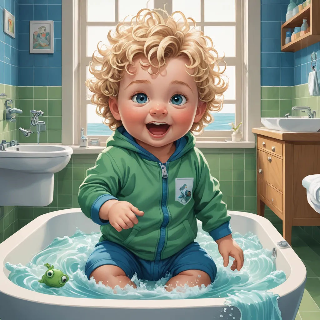 a baby sitting in a bathtub with a fish in it's mouth and a sink in the background, photorealism, a storybook illustration, Diego Gisbert Llorens, highly detailed digital painting