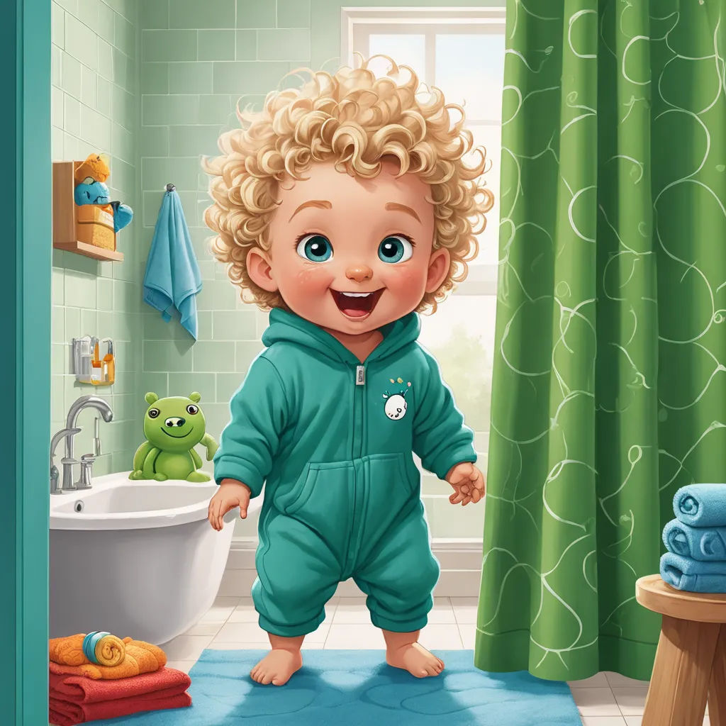 a cartoon baby standing in a bathroom with a rug on the floor and a green shower curtain behind it, photorealism, a digital painting, Chris LaBrooy, professional digital painting