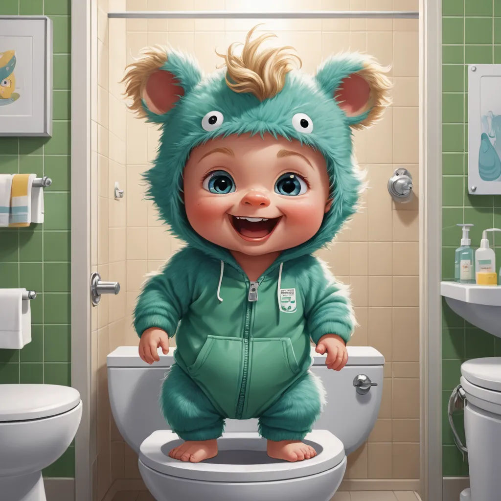 a cartoon character is standing on a toilet in a bathroom with a green tiled wall and green tile walls, photorealism, a photorealistic painting, Diego Gisbert Llorens, cute and funny