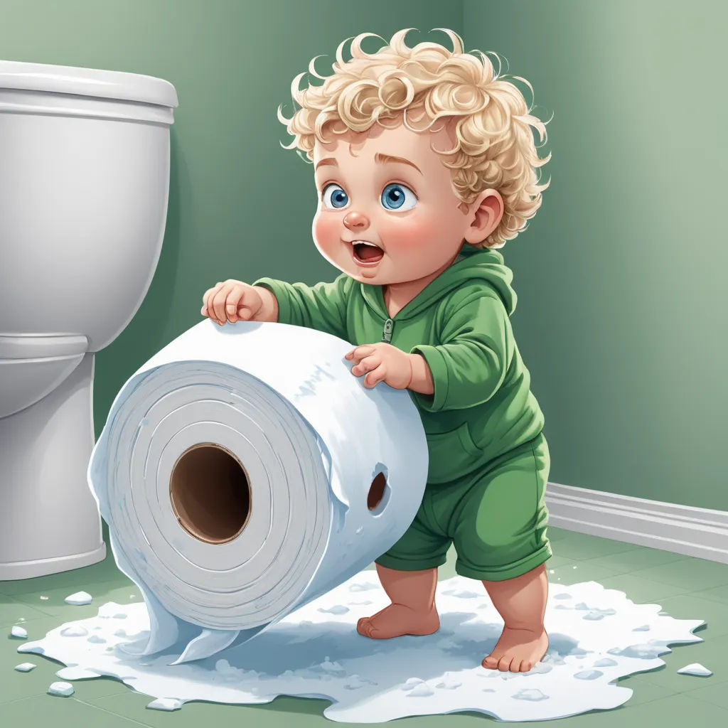 a baby boy playing with a roll of toilet paper in a bathroom with a toilet paper roll on the floor, lyco art, a storybook illustration, Cyril Rolando, highly detailed digital painting