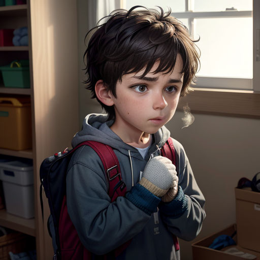 a young boy with a backpack and mittens standing in a room with a window and a box of boxes