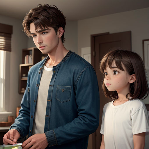 a man and a little girl standing in a kitchen together, one of them is cutting a cake and the other is looking at the camera