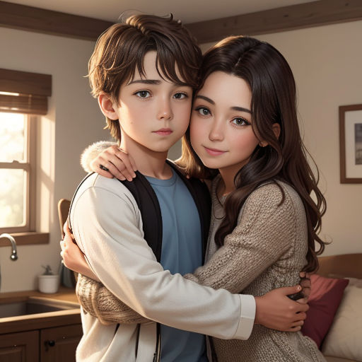 a young boy and girl hugging in a kitchen with a window behind them and a bed in the background