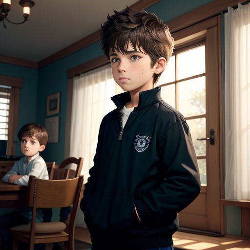 a boy standing in front of a table with a boy sitting at a table in the background and a boy standing in front of a table with a chair
