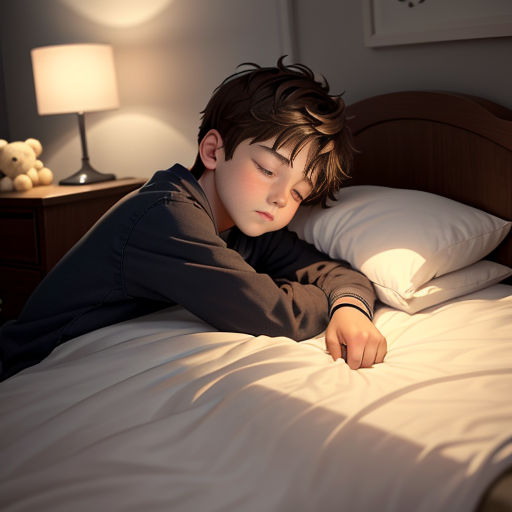 a young boy laying in bed with his head on the pillow and his eyes closed, with a teddy bear beside him