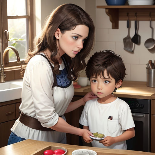 a woman and a child are in the kitchen together eating food from a bowl on a plate on the counter