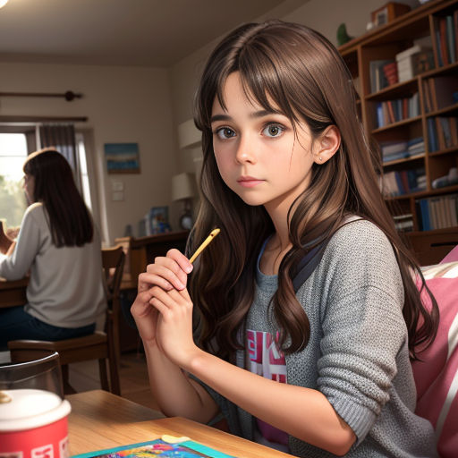 a girl sitting at a table with a book and a pencil in her hand and a book on the table
