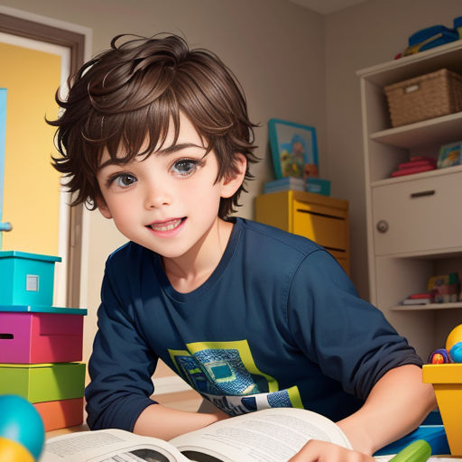a young boy is reading a book in a room with toys and a bookcase on the floor and a door