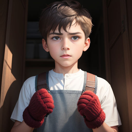 a boy with a pair of gloves on his hands is standing in a doorway with a light shining on him