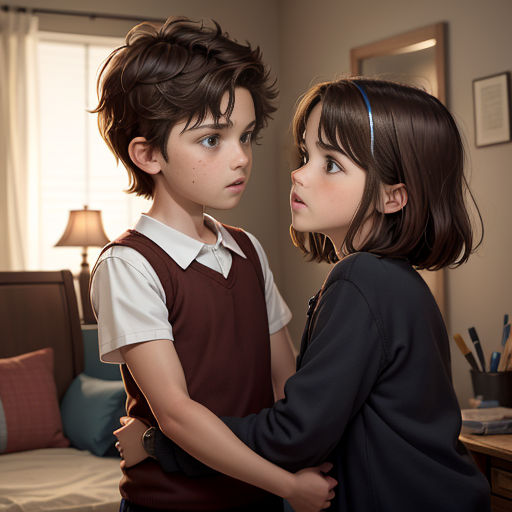 a boy and a girl standing in a bedroom next to a bed and a desk with a lamp on it