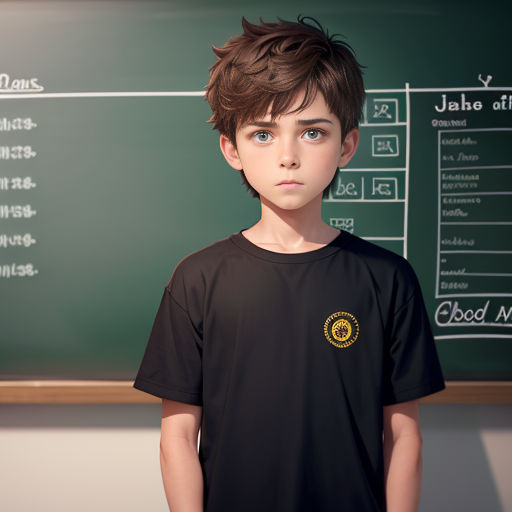 a young boy standing in front of a chalkboard with a school name on it and a school name on it