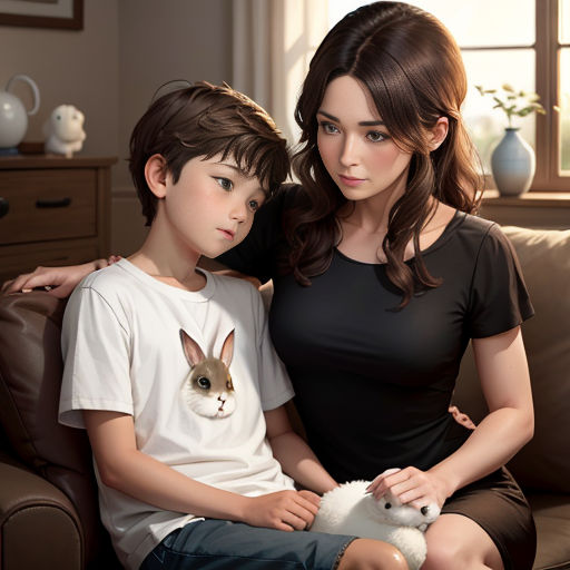 a woman and a boy sitting on a couch with a stuffed animal in their lap and a cat in their lap