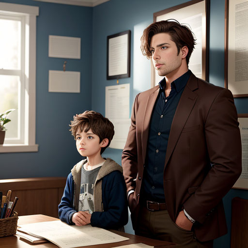 a man and a boy standing in a room with a desk and a window in the background and a blue wall