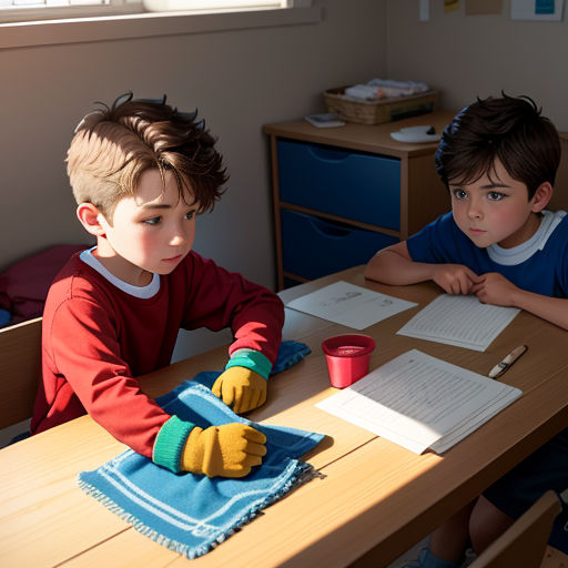 two boys sitting at a table with papers and gloves on their hands and a cup of coffee in front of them