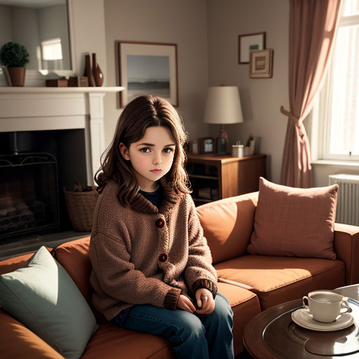 a young girl sitting on a couch in a living room with a cup of coffee on the table and a fireplace