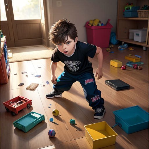 a young boy playing with toys on the floor in a room with a wooden floor and a window with a door