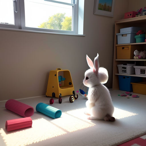 a white rabbit sitting on a rug in a room with toys and a window in the background with a toy truck