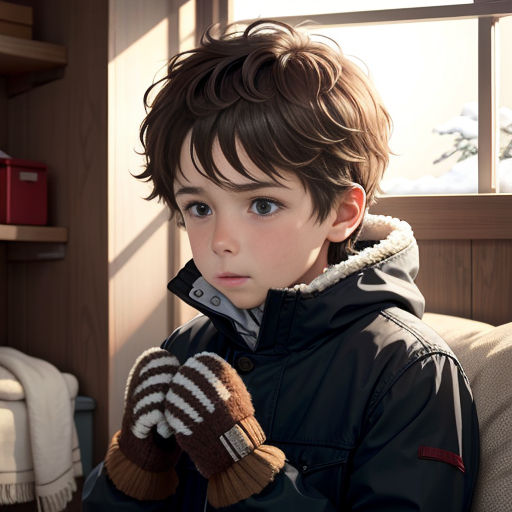 a young boy sitting on a couch wearing a jacket and mittens, looking at the camera, with a window in the background