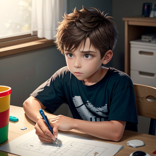 a boy sitting at a table with a pen and paper in front of him and a cup of coffee