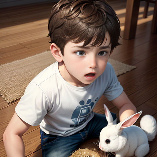 a young boy sitting on the floor with a stuffed rabbit in front of him and a cake in the shape of a heart